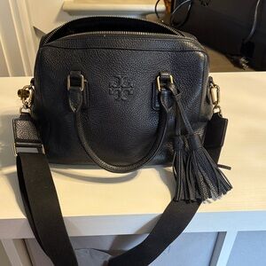 Black Leather Handbag Tori Burch 10x8 w/ 5” span across bottom